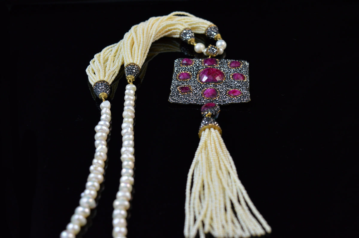 Multi Stone Tassel Necklace