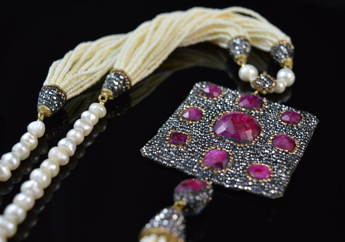 Multi Stone Tassel Necklace