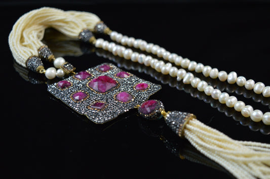 Multi Stone Tassel Necklace